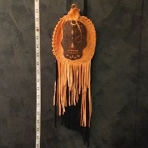 Orange and black leather fringed bag